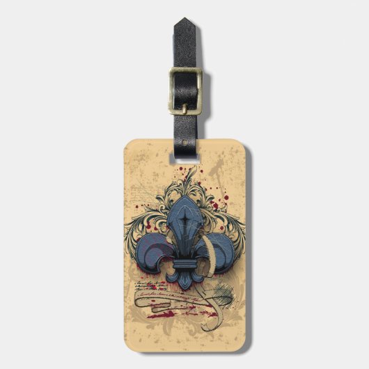 "fleur de lis"-blauwe metalen grijpeffecten bagagelabel (Voorkant verticaal)