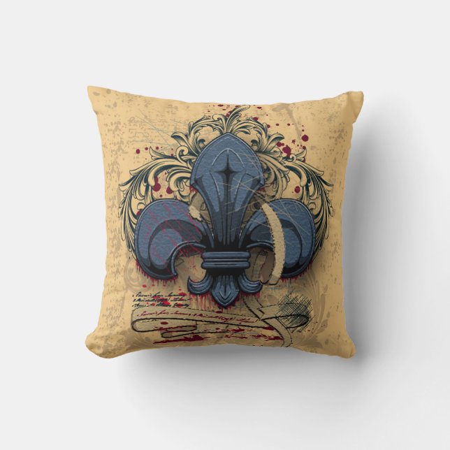  "fleur de lis"-blauwe metalen grijpeffecten kussen (Voorkant)