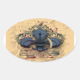 "fleur de lis"-blauwe metalen grijpeffecten ovale sticker