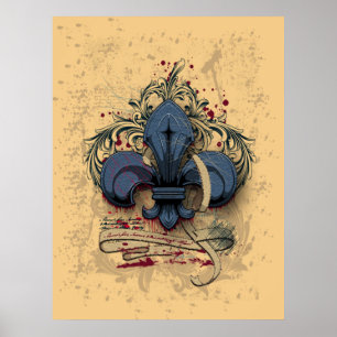  "fleur de lis"-blauwe metalen grijpeffecten poster
