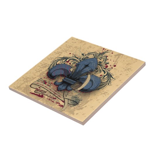  "fleur de lis"-blauwe metalen grijpeffecten tegeltje (Zijkant)