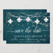 Fleur de Lis Blauwgroen lichten | Moody Dark Weddi Save The Date (Voorkant / Achterkant)