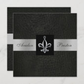 Fleur De Lis Blk Faux Leather Monogram Uitnodiging (Voorkant / Achterkant)