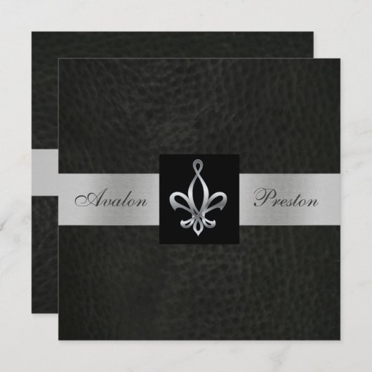 Fleur De Lis Blk Faux Leather Monogram Uitnodiging (Voorkant / Achterkant)