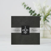 Fleur De Lis Blk Faux Leather Monogram Uitnodiging (Staand voorkant)