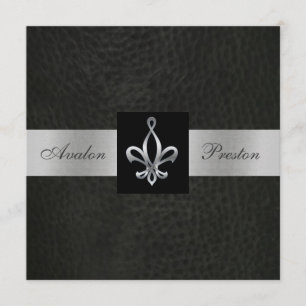 Fleur De Lis Blk Faux Leather Monogram Uitnodiging