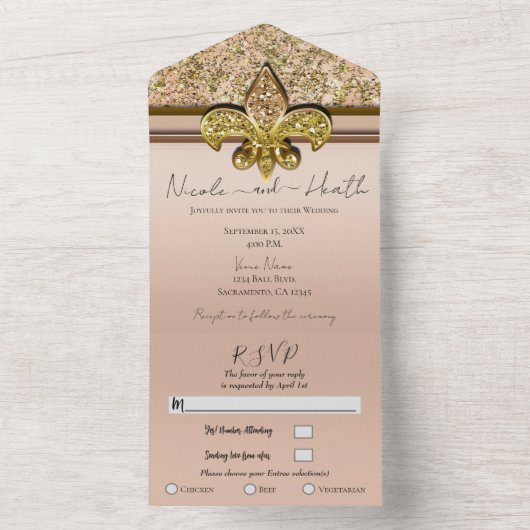 Fleur-de-lis Blush Pink Gold Glitter Glam Wedding All In One Uitnodiging (Binnen)