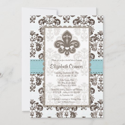 Fleur de Lis Bridal Shower Invitation Blue Kaart (Voorkant)