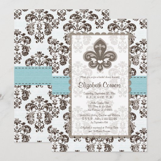 Fleur de Lis Bridal Shower Invitation Blue Kaart (Voorkant / Achterkant)