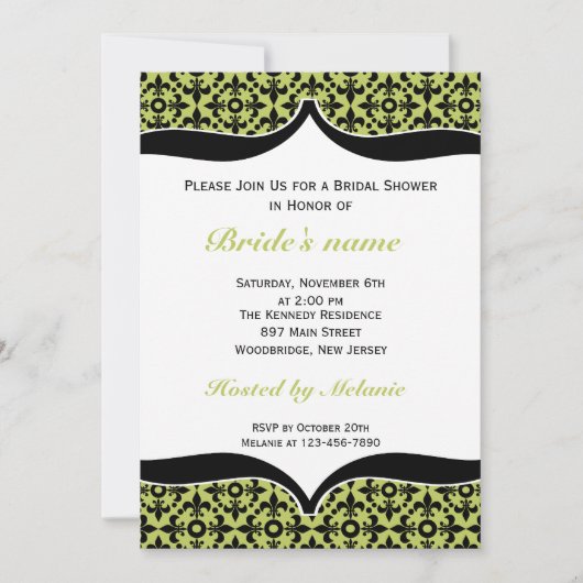 Fleur De Lis Bridal Shower Invitation-Green Kaart (Voorkant)