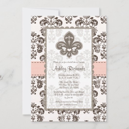 Fleur de Lis Bridal Shower Invitations Pink Brown Kaart (Voorkant)