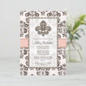 Fleur de Lis Bridal Shower Invitations Pink Brown Kaart (Staand voorkant)