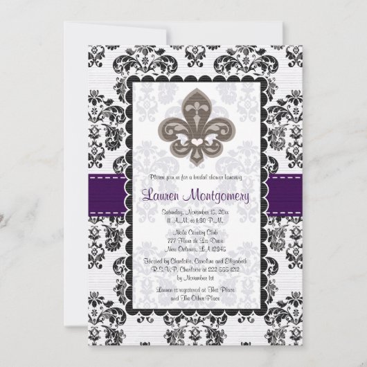 Fleur de Lis Bridal Shower Invitations Plum Black Kaart (Voorkant)