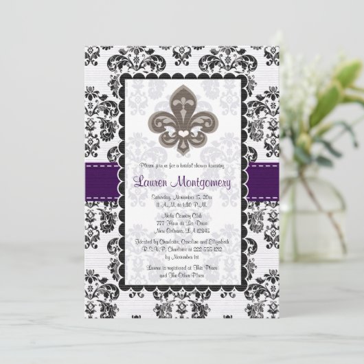 Fleur de Lis Bridal Shower Invitations Plum Black Kaart (Staand voorkant)