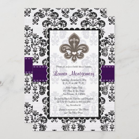 Fleur de Lis Bridal Shower Invitations Plum Black Kaart (Voorkant / Achterkant)