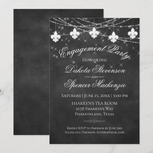 Fleur de Lis Charcoal Lights | Engagement Party Kaart (Voorkant / Achterkant)