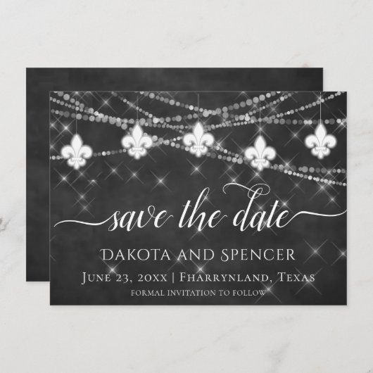 Fleur de Lis Charcoal Lights | Minimale bruiloft Save The Date (Voorkant / Achterkant)