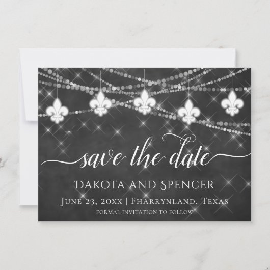 Fleur de Lis Charcoal Lights | Minimale bruiloft Save The Date (Voorkant)