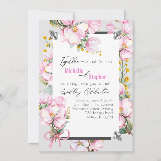 Fleur de lis / Cherry Blossom Wedding Invite Kaart (Voorkant)