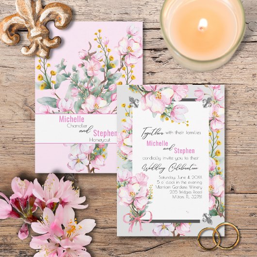 Fleur de lis / Cherry Blossom Wedding Invite Kaart