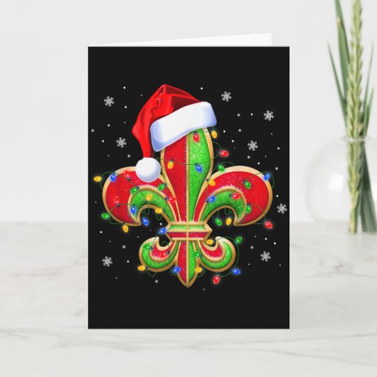 Fleur De Lis Christmas Ornament With Santa Hat Xma Kaart (Voorkant)