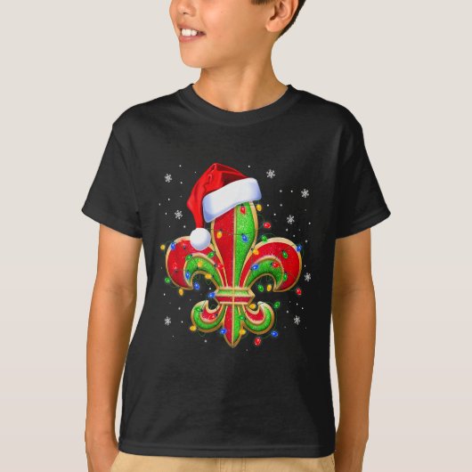 Fleur De Lis Christmas Ornament With Santa Hat Xma T-shirt (Voorkant)