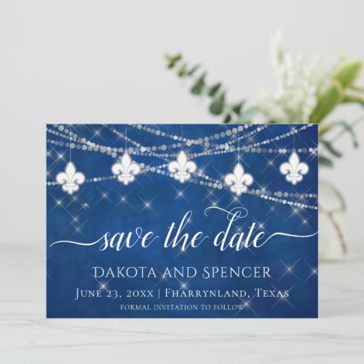 Fleur de Lis Classic Blue Lights | Joodhuwelijk Save The Date (Staand voorkant)
