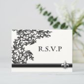 Fleur de Lis Damask Pattern Wedding RSVP Card Kaartje (Staand voorkant)
