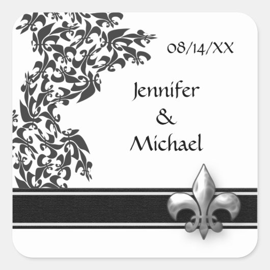 Fleur de Lis Damast Patroon Bruiloft Stickers (Voorkant)