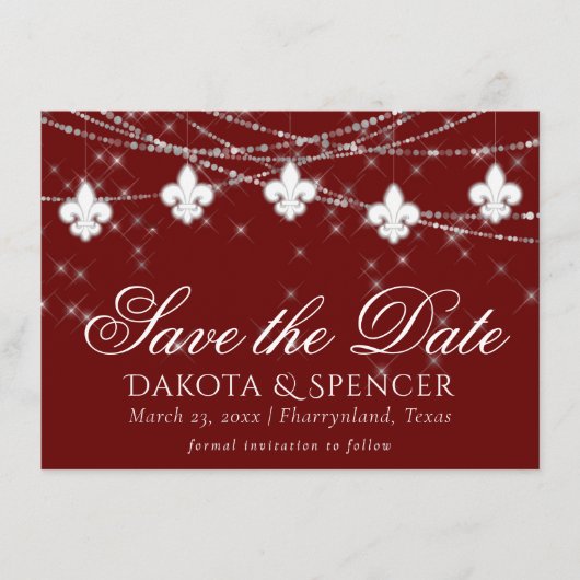 Fleur de Lis Dark Red Lights | Elegant Crimson Save The Date (Voorkant)