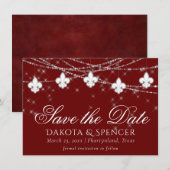 Fleur de Lis Dark Red Lights | Elegant Crimson Save The Date (Voorkant / Achterkant)