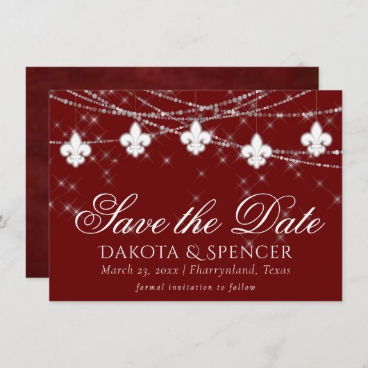 Fleur de Lis Dark Red Lights | Elegant Crimson Save The Date (Voorkant / Achterkant)