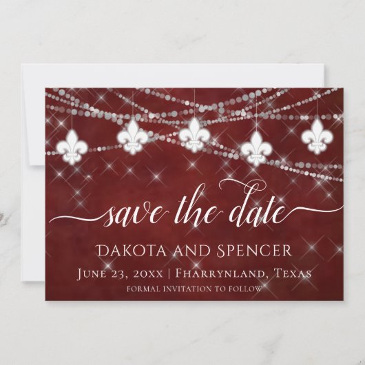 Fleur de Lis Dark Red Lights | Elegant Wedding Save The Date (Voorkant)