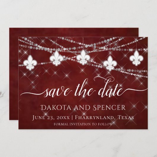 Fleur de Lis Dark Red Lights | Elegant Wedding Save The Date (Voorkant / Achterkant)