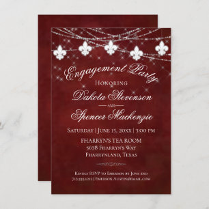 Fleur de Lis Dark Red Lights   Engagement Party Kaart