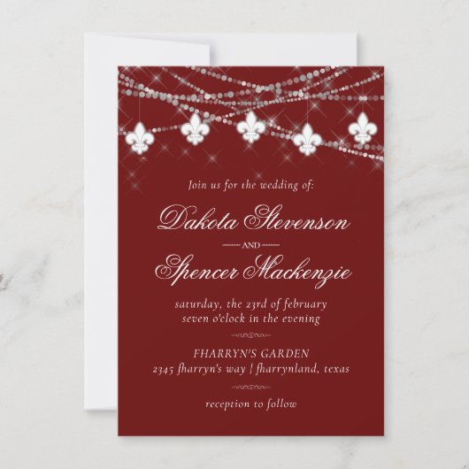 Fleur de Lis Dark Red Lights | Krimson Wedding Kaart (Voorkant)