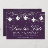Fleur de Lis Eggplant Paars Lights | Moody Plum Save The Date (Voorkant / Achterkant)