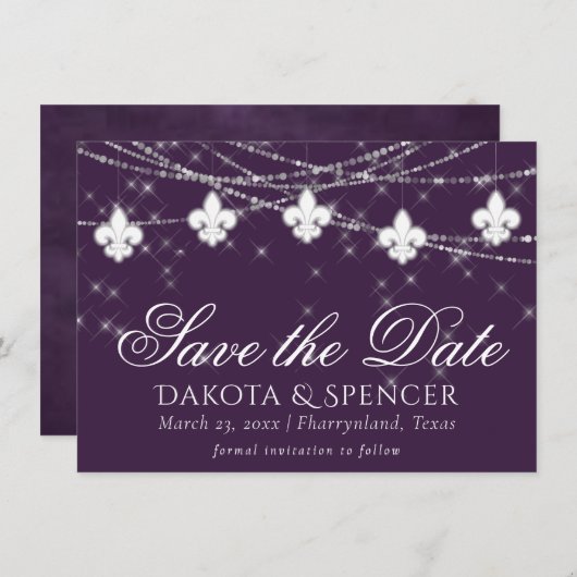 Fleur de Lis Eggplant Paars Lights | Moody Plum Save The Date (Voorkant / Achterkant)