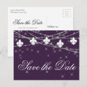 Fleur de Lis Eggplant Paars Lights | Plum Wedding Aankondigingskaart (Voorkant / Achterkant)