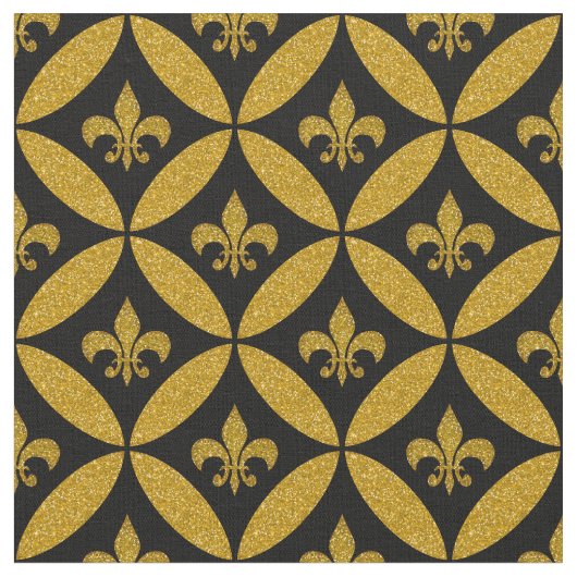 Fleur de Lis Eternity Patroon Faux Gold | Zwart Stof (Close Up)