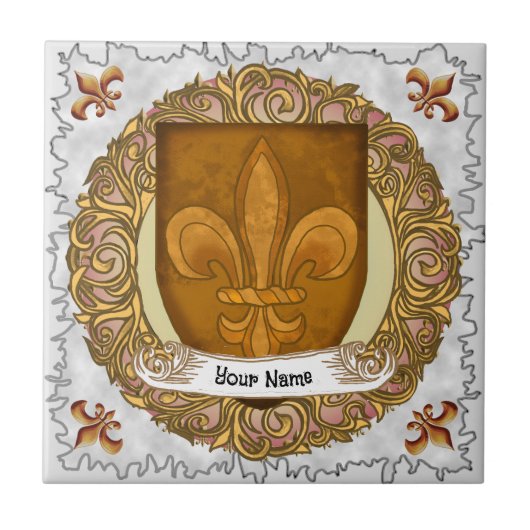 Fleur De Lis Familiewapen Achternaam Tegeltje (Voorkant)