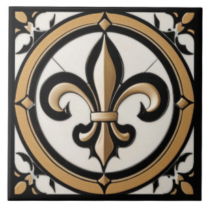 Fleur de Lis Faux Antiek Zwart Wit Goud Tegeltje