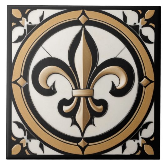 Fleur de Lis Faux Antiek Zwart Wit Goud Tegeltje (Voorkant)