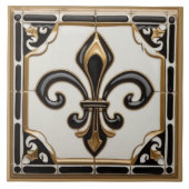 Fleur de Lis Faux Relief Zwart Wit en Goud Tegeltje (Voorkant)