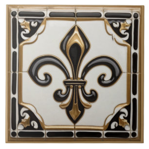 Fleur de Lis Faux Relief Zwart Wit en Goud Tegeltje