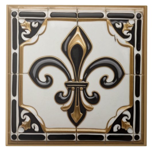 Fleur de Lis Faux Relief Zwart Wit en Goud Tegeltje (Voorkant)