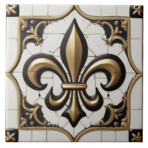 Fleur de Lis Faux Relief  Zwart Wit Goud Tegeltje
