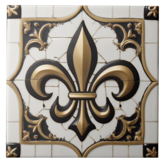 Fleur de Lis Faux Relief Zwart Wit Goud Tegeltje (Voorkant)