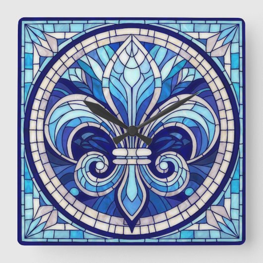 Fleur-de-lis - Glas in lood mozaïekkunst Vierkante Klok (Voorkant)