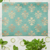 Fleur de lis gold and blauwgroen green patina theedoek (Gevouwen)